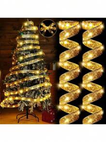 1 pieza Cinta de luz LED, Cinta de luz de hadas para árbol de Navidad, sin enchufe, alimentada por batería, decoración navideña interior para bodas, jardín, hogar, sala de estar, boda, Halloween, Navidad, decoraciones para fiestas, regalo perfecto para cumpleaños y decoraciones interiores y exteriores con caja de regalo de cinta y acentos de cinta de satén, con adornos brillantes, luz para árbol de Navidad