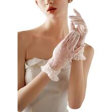 Local Shipping 2025 New  Short Lace Mesh Gloves Tulle Border With Pearls Wedding Opera Tea Party Gloves For Women Formal - 象牙-1 - 查看 1