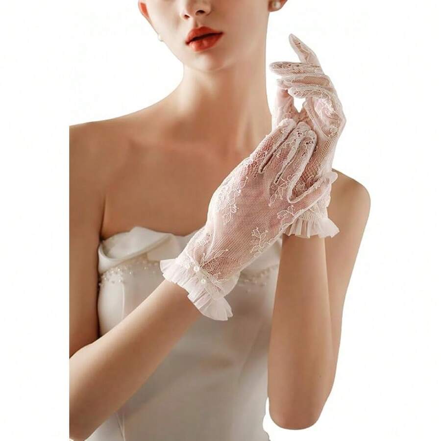 Local Shipping 2025 New Short Lace Mesh Gloves Tulle Border With Pearls Wedding Opera Tea Party Gloves For Women Formal - 象牙-1 - 查看 1