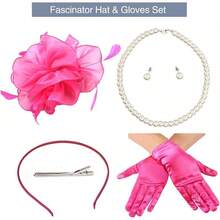 Ibeauti Fascinator Hats With Screentouch Lace Gloves Set Women Tea Party Cocktail Wedding Derby Headwear Short Gloves - 04 亮粉色 - 查看 3