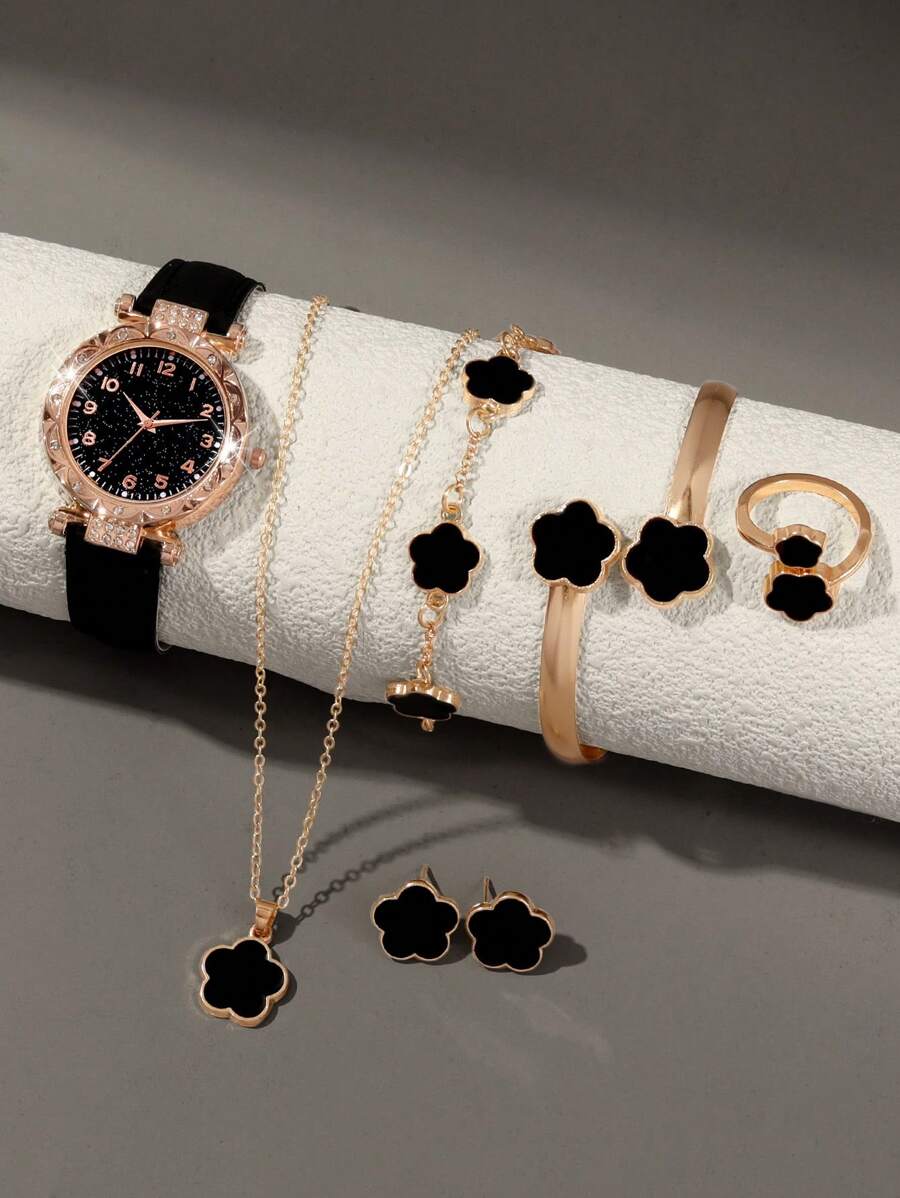 7件套多功能黑色星空石英数字手表套装，搭配幸运花项链、手链、戒指、耳环和珠宝配饰，是情人节和复活节送给女性的理想礼物。