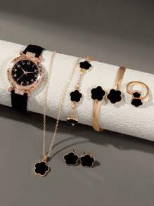 7件套多功能黑色星空石英数字手表套装，搭配幸运花项链、手链、戒指、耳环和珠宝配饰，是情人节和复活节送给女性的理想礼物。
