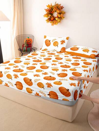 1 pieza Sábana ajustable con estampado digital de calabaza y fantasma lindo de Halloween, ropa de cama suave y cómoda para protección de colchón, solo sábana ajustable, lavable a máquina, regalo de Halloween
