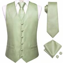Plus Size Mens Waistcoat Light Mint Green Satin Plain Vest Tie Set Handkerchief Cufflinks Wedding Formal Casual Tuxedo Gilet - màu xanh lá - Xem 1