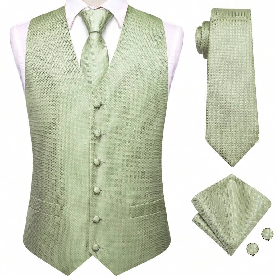 Plus Size Mens Waistcoat Light Mint Green Satin Plain Vest Tie Set Handkerchief Cufflinks Wedding Formal Casual Tuxedo Gilet - màu xanh lá - Xem 1