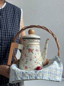 1set 1.2L Vintage Floral Enamel Teapot, Coffee Pot, Handmade Tea Pot, Household Boiling Water Enamel Pot, Tabletop Decor Enamel Pot, Enamel Pot As Gift For Friends And Elders, Kitchen Direct Heating Enamel Pot - Multicolor - View 3