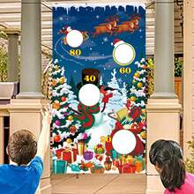 1 pièce Toile de fond de Noël avec bonhomme de neige, sapin de Noël, Père Noël, renne et boîte-cadeau de Noël - Décoration de fête festive, cannes de bonbon, flocons de neige et maisons - Polyester pour fêtes intérieures/extérieures, photomatons, décoration de la maison, décoration de Noël (livré avec 4 sacs de sable de n'importe quelle couleur)