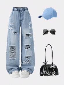 1条复古破洞牛仔裤，适合青少年女孩休闲时尚