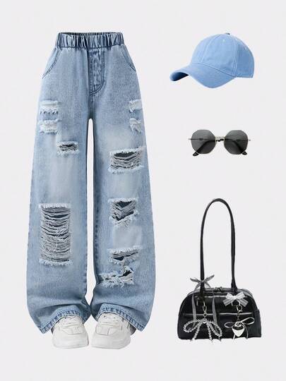 1pc Vintage Distressed Denim Jeans For Tween Girls Casual Fashion