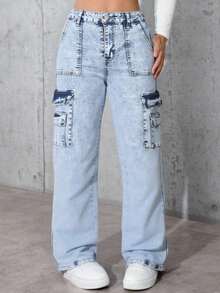 Pantalón vaquero de trabajo en azul claro con múltiples bolsillos y corte amplio, estilo urbano y versátil - Lavado ligero - Ver 3