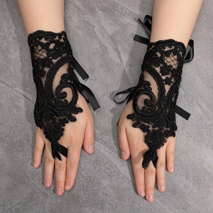 Women's Black Lace Fingerless Gloves - Floral Embroidery Elastic Wristband, Party Wedding Halloween Costume Accessories, Hand Wash/Dry Clean, Exquisite Embroidery Decorations