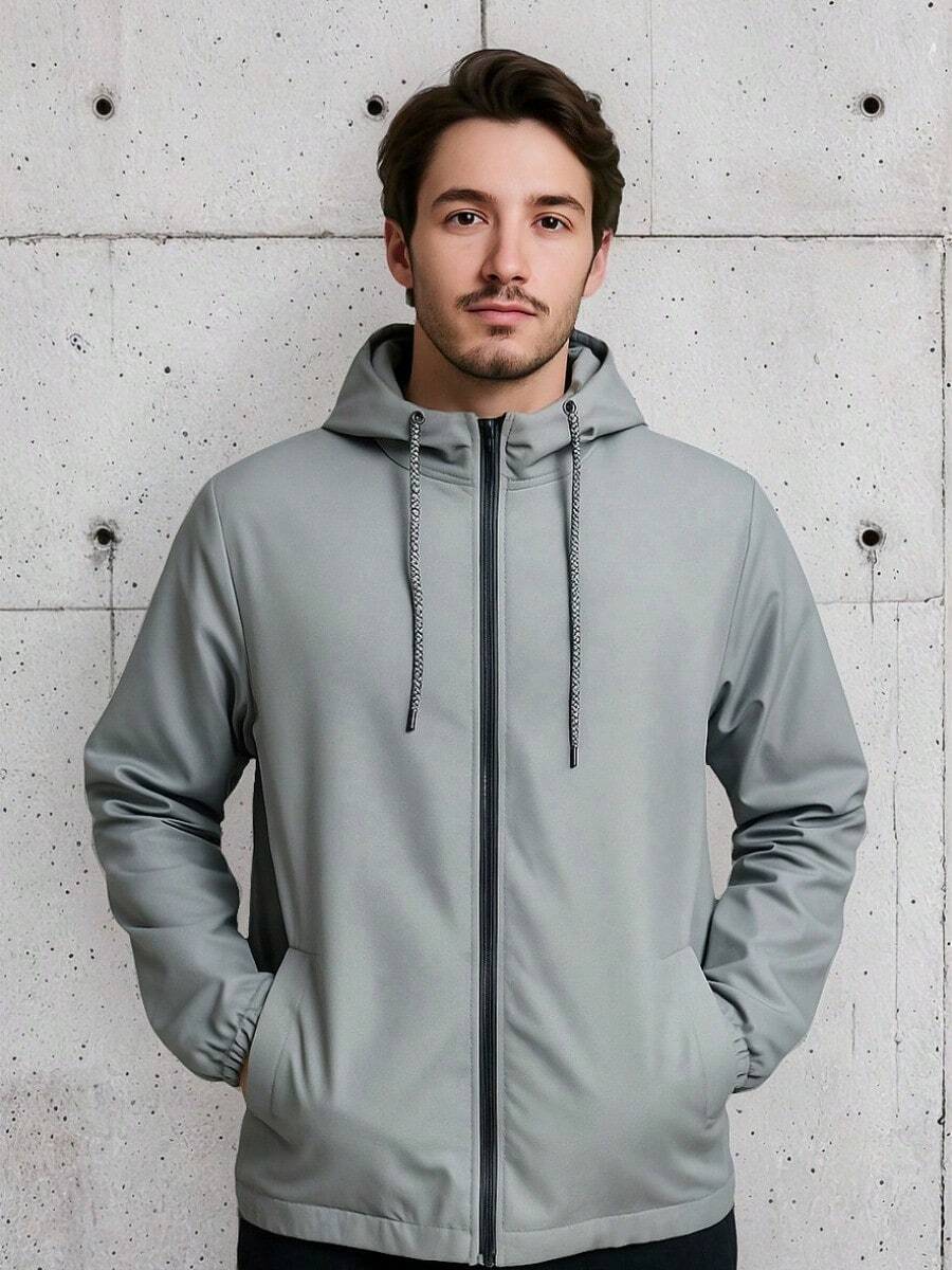 Men's Lightweight Plain Water-Repellent Windbreaker Jacket With Hood - Gray+Plain+G - View 1