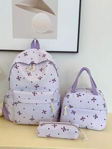 3 Pcs Fashionable Preppy Bow Print Backpack Set,Backpack&Lunch Bag&Pencil Case,With Laptop Compartment Bookbag,Adjustable Strap Bookbag Set,Multi Pockets High-Capacity School Bag Set Multifunctional Daypack Set Idea For Boys/Girls/Teens/College Students/Graduate/Graduate For Daily Use/Vacation/Travel/Back To School - Multicolor - View 22