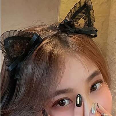 【复古猫耳头箍】优雅蕾丝单片猫耳头箍夹 | 复古风格，纯色，可爱卡通小猫耳朵发饰，适合女性日常佩戴，万圣节派对化妆舞会猫女郎头饰，黑色蕾丝可爱猫咪兔耳朵头箍