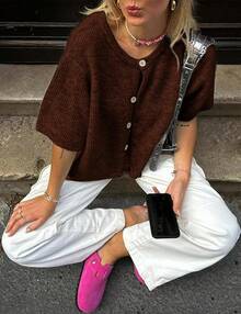 SCUSTY Women's Lightweight Cardigan Short Sleeve Button-Down Summer Cardigan Sweater Fall - Brown - View 7