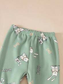 Girls' Thick Fleece Cartoon Rabbit Print Pajama Set, Long Sleeve Top And Pants, Warm Sleepwear For Autumn/Winter - Mint Green - View 7