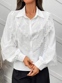 Women's Elegant Long Sleeve Solid Color Lace Multi-Layered Ruffle/Frill Casual Blouse Shirt For Commuting, Autumn/Winter