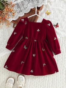 Girls' Sweet Bowknot & Embroidery Decor Long Sleeve Dress, Suitable For Spring/Autumn, Christmas Party, Family Gathering, Outdoor Play, And Daily Wear - 酒紅色 - 查看 2