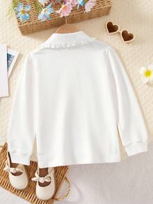 Tween Girl Cute Embroidered Ruffled Collar Long Sleeve Tee, Fashion Breathable Soft 100% Cotton Traceable Fabric, Spring New - White - View 8
