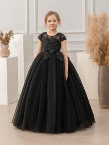 优雅少女派对圣诞酒红色连衣裙，饰有刺绣蝴蝶结和薄纱，公主裙，适合女孩生日派对、宴会、晚宴、花童、伴娘、婚礼、感恩节、毕业典礼等场合。 - 黑色 - 查看 10