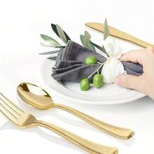 10/25/30/75/150件金色塑料餐具，一次性金色餐具套装，塑料餐具套装。10把金色叉子，10把金色勺子，10把金色刀子，适用于婚礼、派对、生日、节日等场合。 - 金色 - 查看 7