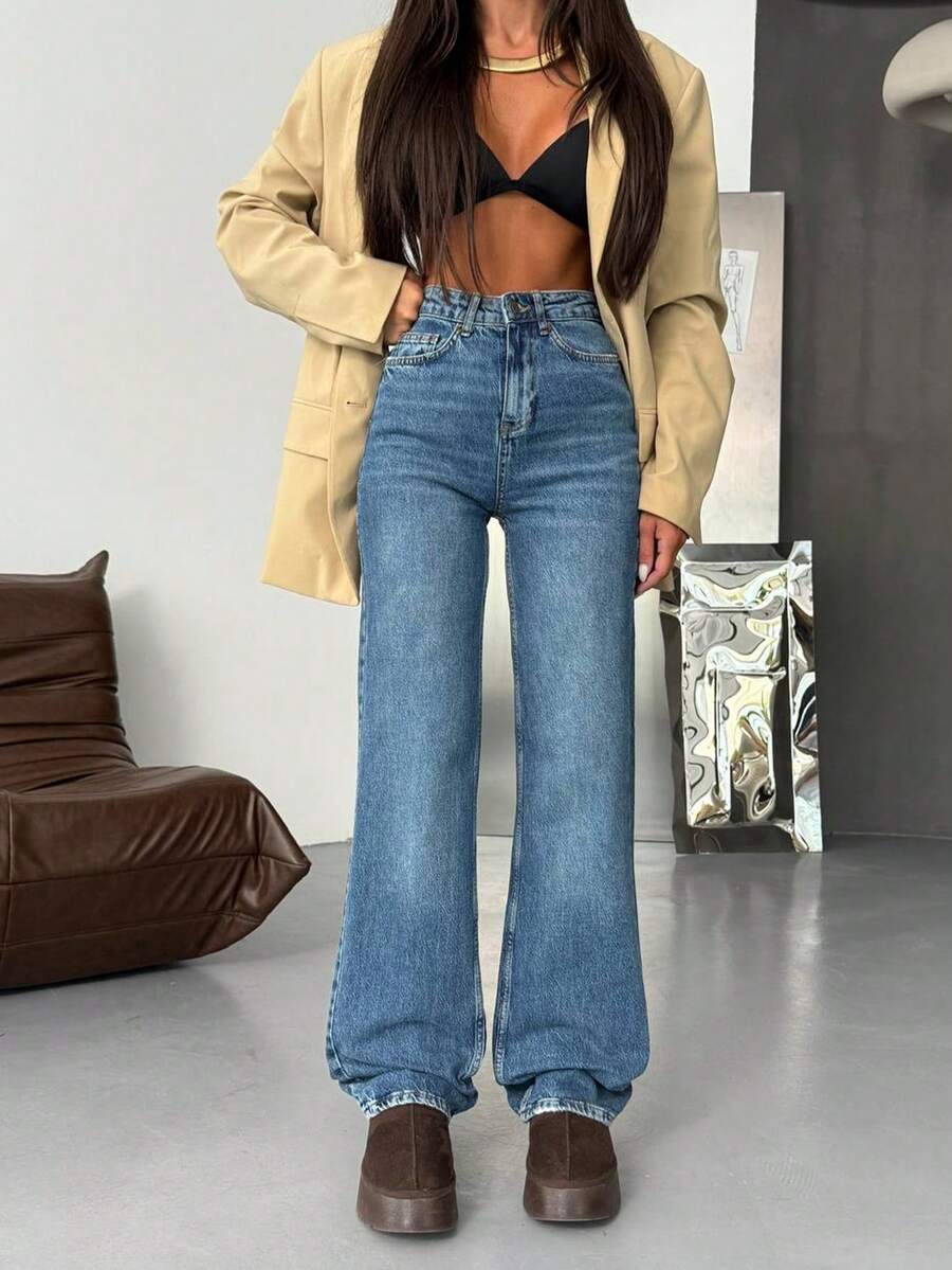 SQUALO Women's Wide Leg Color With Pocket Details Destroyed Retro Washed Street Style Jeans Ripped And Cutout Wide Leg Jeans