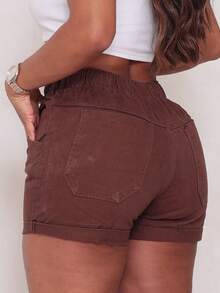 Traditional Denim Shorts With Elastic Waistband - 鏽棕色 - 查看 2