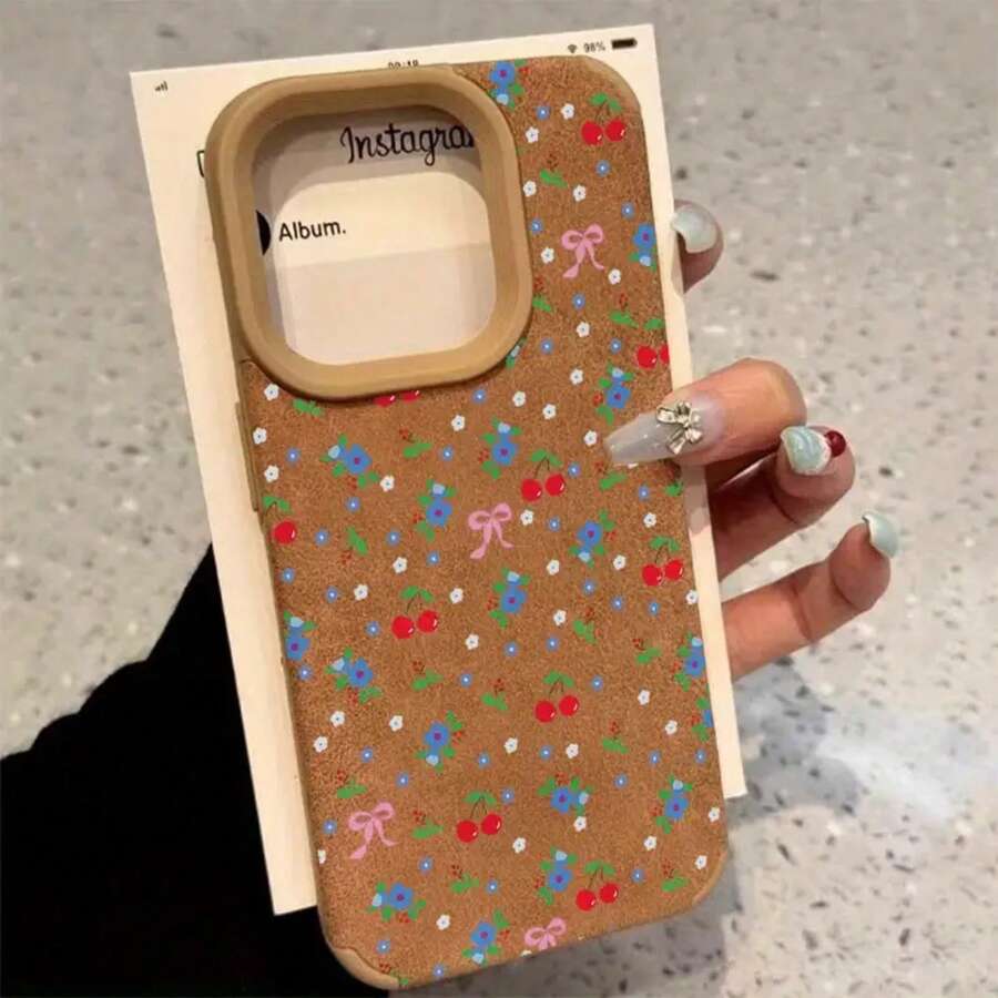 Teléfono con pantalla de alta resolución y diseño de lazo, cereza y flor azul. Compatible con 14 Plus, 12 Pro, 15, 16 y 11 Pro. 13 XS Todo Inclusivo Piel Sintética Suave - Colores mixtos 1 - Ver 1