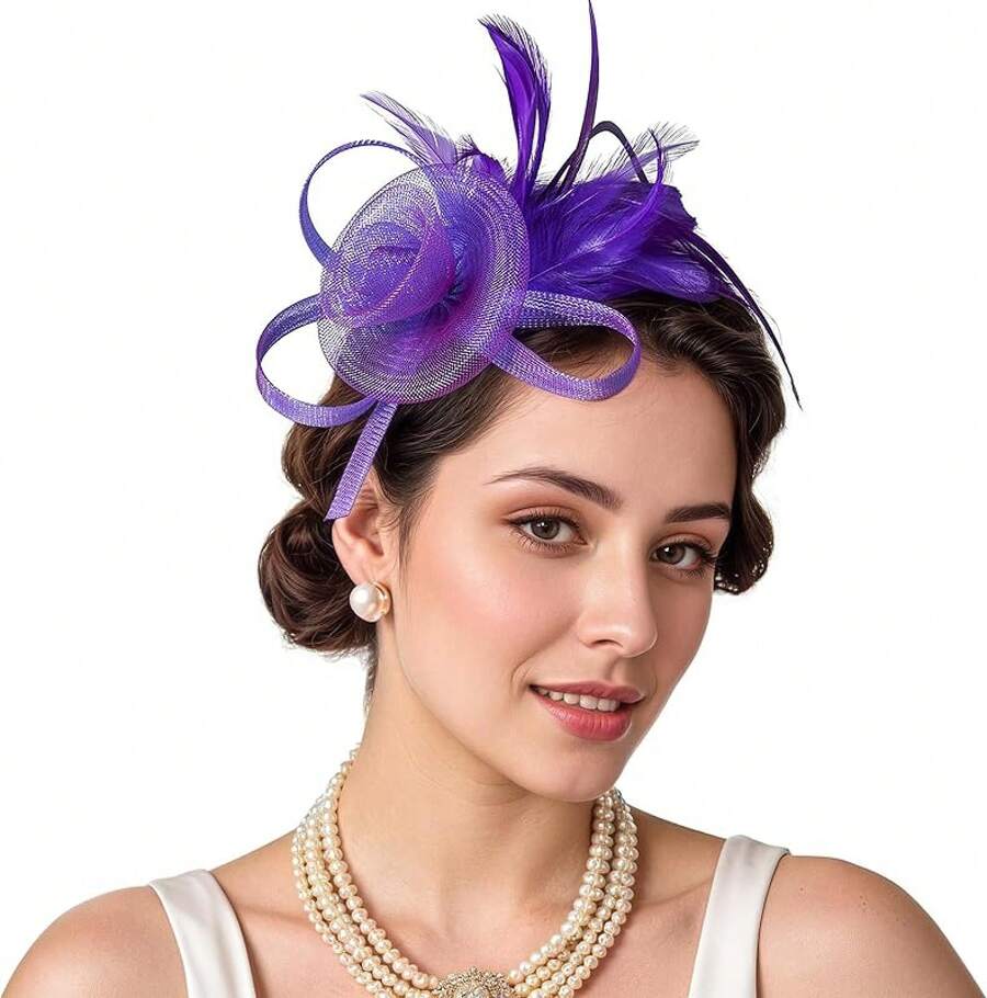 Fascinators Hats Women,Tea Party Fascinator Hair Clip With Feathers Wedding,Derby Hats Headbands - Ha9462-purple - View 1