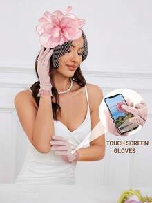 Ibeauti Fascinator Hats With Screentouch Lace Gloves Set Women Tea Party Cocktail Wedding Derby Headwear Short Gloves - 04 Pink - 查看 3
