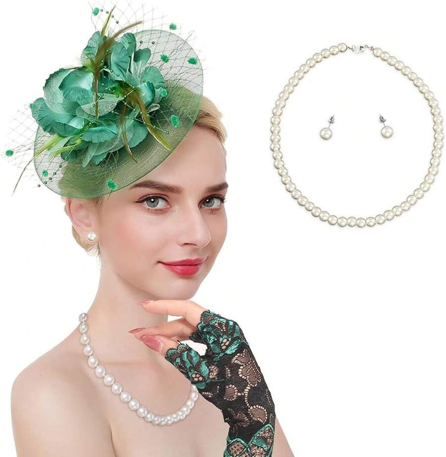 Ibeauti Fascinator Hats With Screentouch Lace Gloves Set Women Tea Party Cocktail Wedding Derby Headwear Short Gloves - Green-lace Gloves - 查看 1