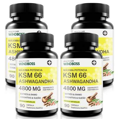 Windboss Cápsulas de Ashwagandha KSM-66 4800mg, Suplemento Orgánico de Ashwagandha, Sin Gluten, No Transgénico, Vegano, con Pimienta Negra para Mejor Absorción, y Apoyo al Sueño - 90 Cápsulas