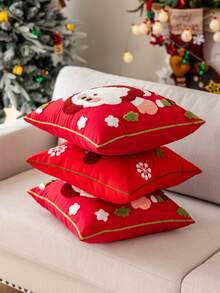 1pc Red Base Fabric Delicate Snowman & Santa Claus Embroidered Cushion Cover, Christmas Decor, Fits Multiple Room Styles, 45cm*45cm, Pillow Insert Not Included Home Decor Christmas Decorations Room Decor Christmas Decorations Home