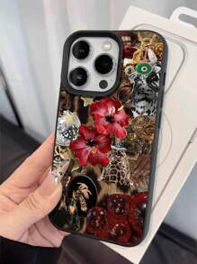 1 件复古野生豹纹拼布时尚豹纹荔枝纹防摔防滑软手机壳保护套适用于苹果和手机 - 彩色 - 查看 4