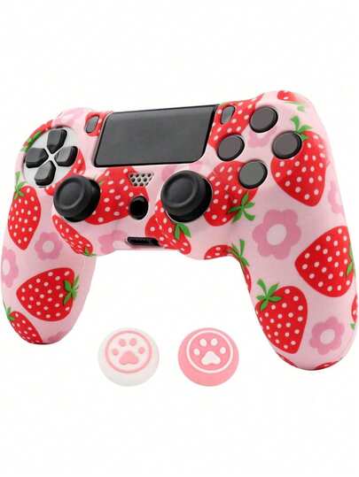  غطاء قبضة تحكم بنمط الفراولة من RALAN مع مقابض إبهام مزدوجة، متوافق مع Playstation 4 Slim/Pro