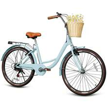 Beach Cruiser Bike For Women, 24 26 Inch 7 Speed Commute Bike For Adults, Womens Bicycle With Ratten Basket And Adjustable Seat, Lightweight Step Through Bike For Adults Women Ladies - Blue - View 1