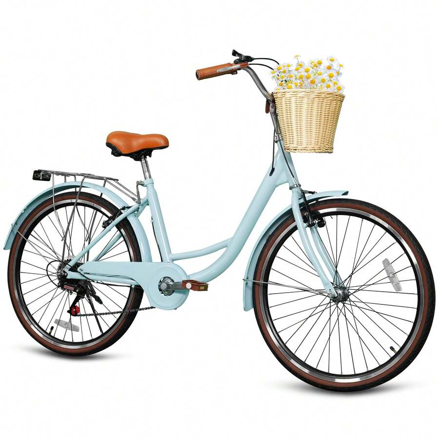 Beach Cruiser Bike For Women, 24 26 Inch 7 Speed Commute Bike For Adults, Womens Bicycle With Ratten Basket And Adjustable Seat, Lightweight Step Through Bike For Adults Women Ladies - Blue - View 1