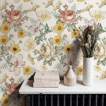 1 Roll Floral Pattern Peel And Stick Wallpaper - PVC Waterproof & Easy - Clean Self - Adhesive Wallcovering For Home Decor, Shelves, Living Room Backdrops, Bedroom Accents, Home Renovation DIY, Easy Installation, Decorative Wallpaper