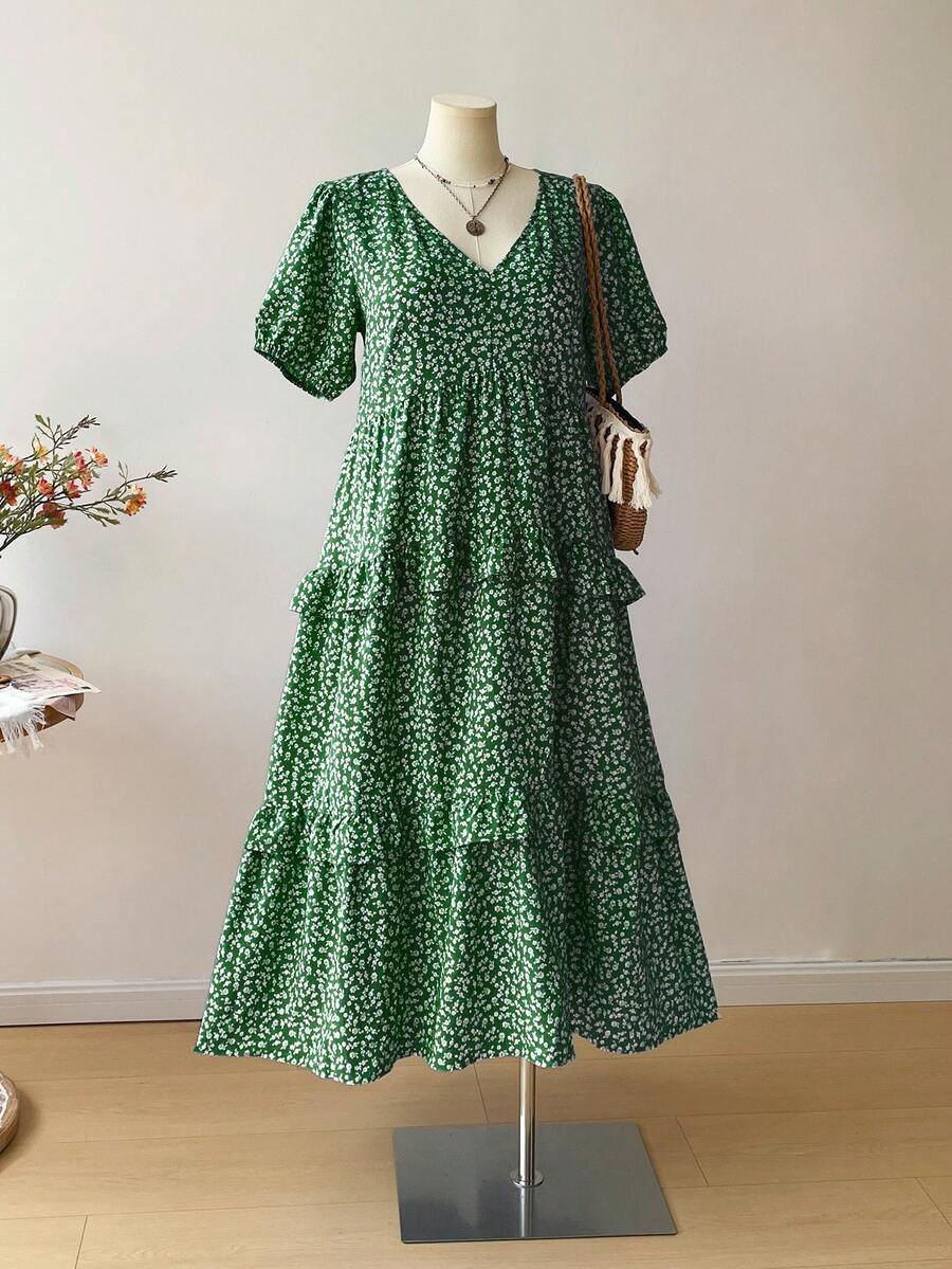 Rusttydustty Đầm ngắn tay bèo nhún màu xanh dương kiểu bohemian họa tiết hoa nhí dành cho nữ cỡ lớn, thích hợp cho kỳ nghỉ hè, thanh lịch. - màu xanh lá - Xem 1