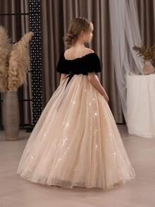 Váy dự tiệc màu vàng lưới sequin thanh lịch cho bé gái tuổi mới lớn, váy công chúa phù hợp cho tiệc sinh nhật, tiệc chiêu đãi, sự kiện trang trọng, vũ hội, biểu diễn sân khấu, phù dâu, váy phù dâu, lễ kỷ niệm ngày lễ - Màu Khaki - Xem 2