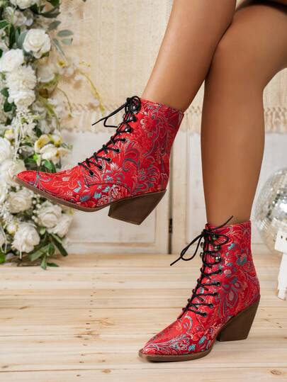 2025 Herbst/Winter Neue Ankle Boots, modische bohemian-vintage bestickte Blumenprint Schnür-Plateau-Stiefel mit hohem Absatz, stilvolle Kurzstiefel geeignet für Weihnachten, Dates, Einkaufen, Pendeln, Partys