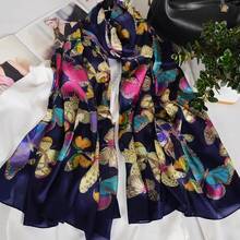 100% Mulberry Silk Scarf For Women Lightweight Long Scarves Beach Wraps Cover Up -Travel Photography Scarfhalloween - 海軍藍蝴蝶 - 查看 8
