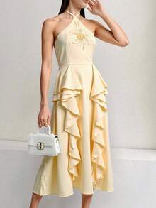 Floral  Liso    Elegante  Fiesta    Rosa 3d  Volante  Cremallera    Boda - Amarillo - Ver 1