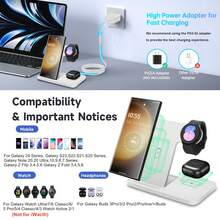 محطة شحن لاسلكية قابلة للطي متوافقة مع أجهزة سامسونج المتعددة، شاحن 3 في 1 حامل لهاتف Galaxy Z Flip 6/5/4/3 Z Fold S25 S24 S23 S22 S21 S20 Ultra FE/Note 20 10 9، ساعة Galaxy Watch 7/6/5 Pro/5/4/3/Active 2/1، سماعات Buds+/Pro/Live، مناسبة للمكتب والسكن والمنزل