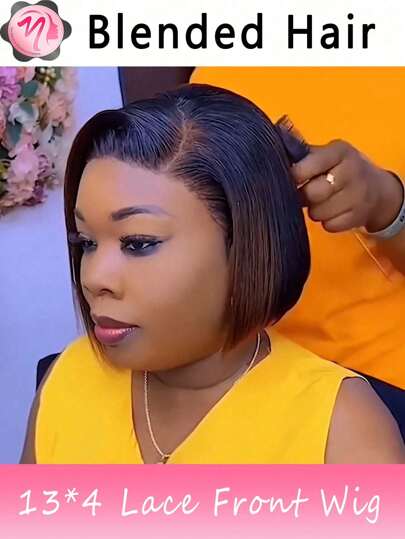 Pelucas mezcladas: una mezcla de cabello humano mezclado y sintético, peluca bob con frontal de encaje recto 13x4, peluca de encaje sintético pre-arrancada, peluca bob recta corta con densidad del 180% para mujeres, diseño de estilo elegante, cabello mezclado bob de 8-16 pulgadas