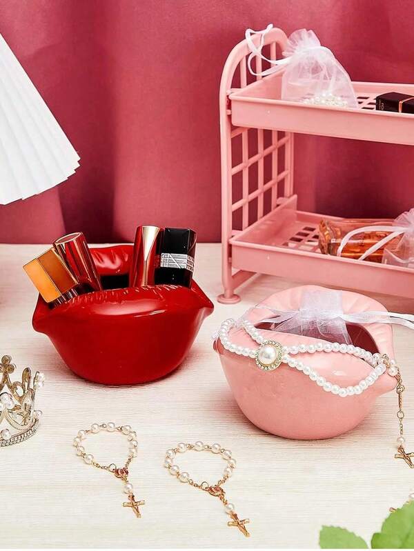 Ceramic Red Lipstick Ring Stand Jewelry Tray Stand Decorative Cosmetics Storage Display Stand Desktop Hairpin Storage Box Birthday Choice