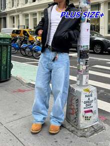 Plus Size Men's Washed Light Color Loose Straight Leg Jeans, Fashionable Street Style - Mint Blue - View 1