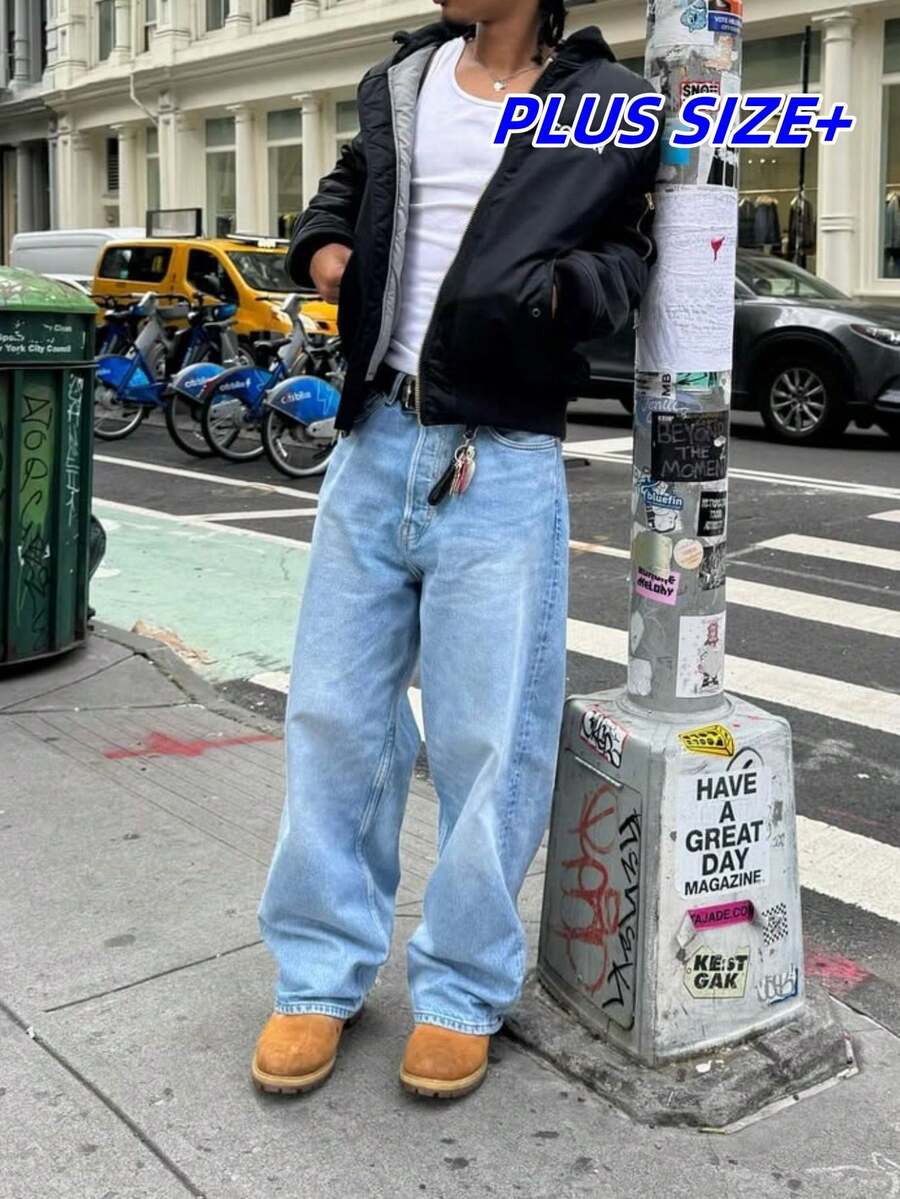 Plus Size Men's Washed Light Color Loose Straight Leg Jeans, Fashionable Street Style - Mint Blue - View 1