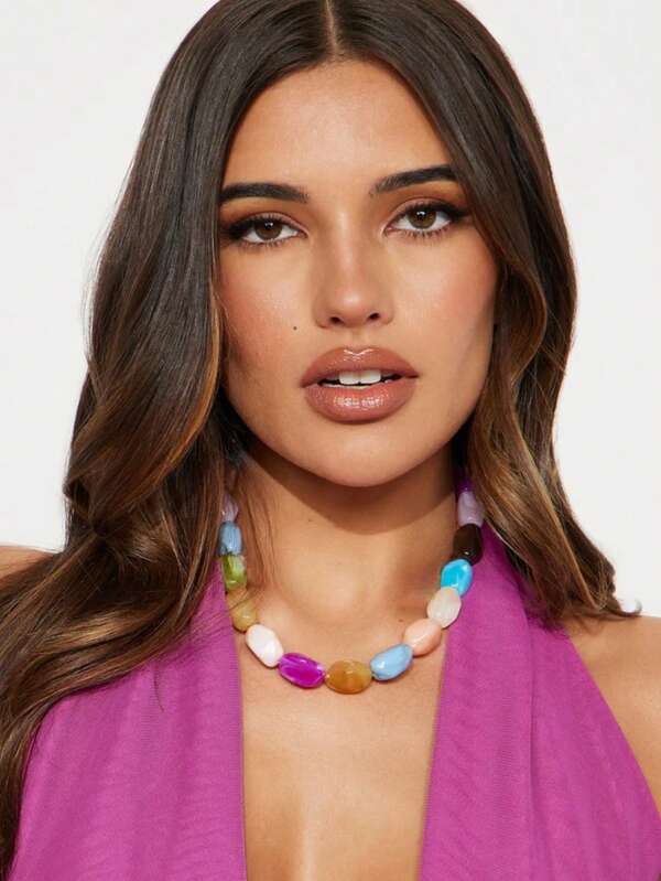 1pc Bohemian Style Acrylic Rainbow Color Asymmetrical Beads Necklace, Mixed Beach Style Beaded Necklace For Women (Bead Color Random)