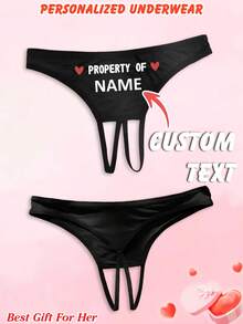 Women's Sexy Customized Name Text Love Heart Letter Print Open Crotch Thong Panties, Personalized Intimate Gift For Wife